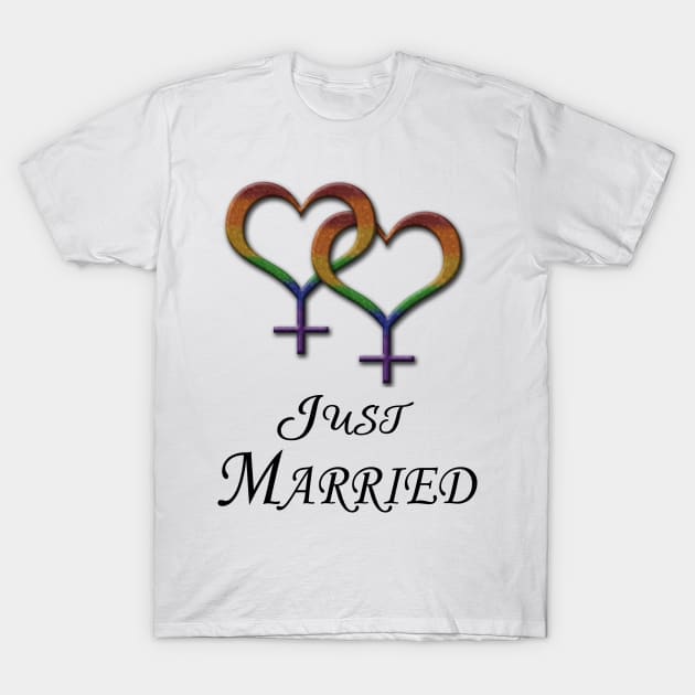 Just Married Lesbian Pride with Interlinking Female Gender Symbols T-Shirt by LiveLoudGraphics